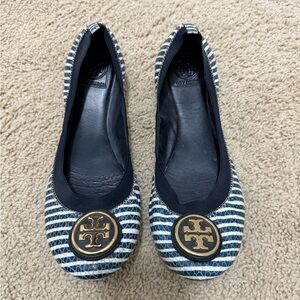 Tory Burch Blue and White Striped Flats